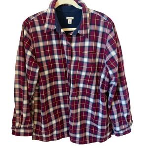 LL Bean Women's XL Burgundy‎ Plaid Fleece Lined Button Up Long Sleeve Shirt